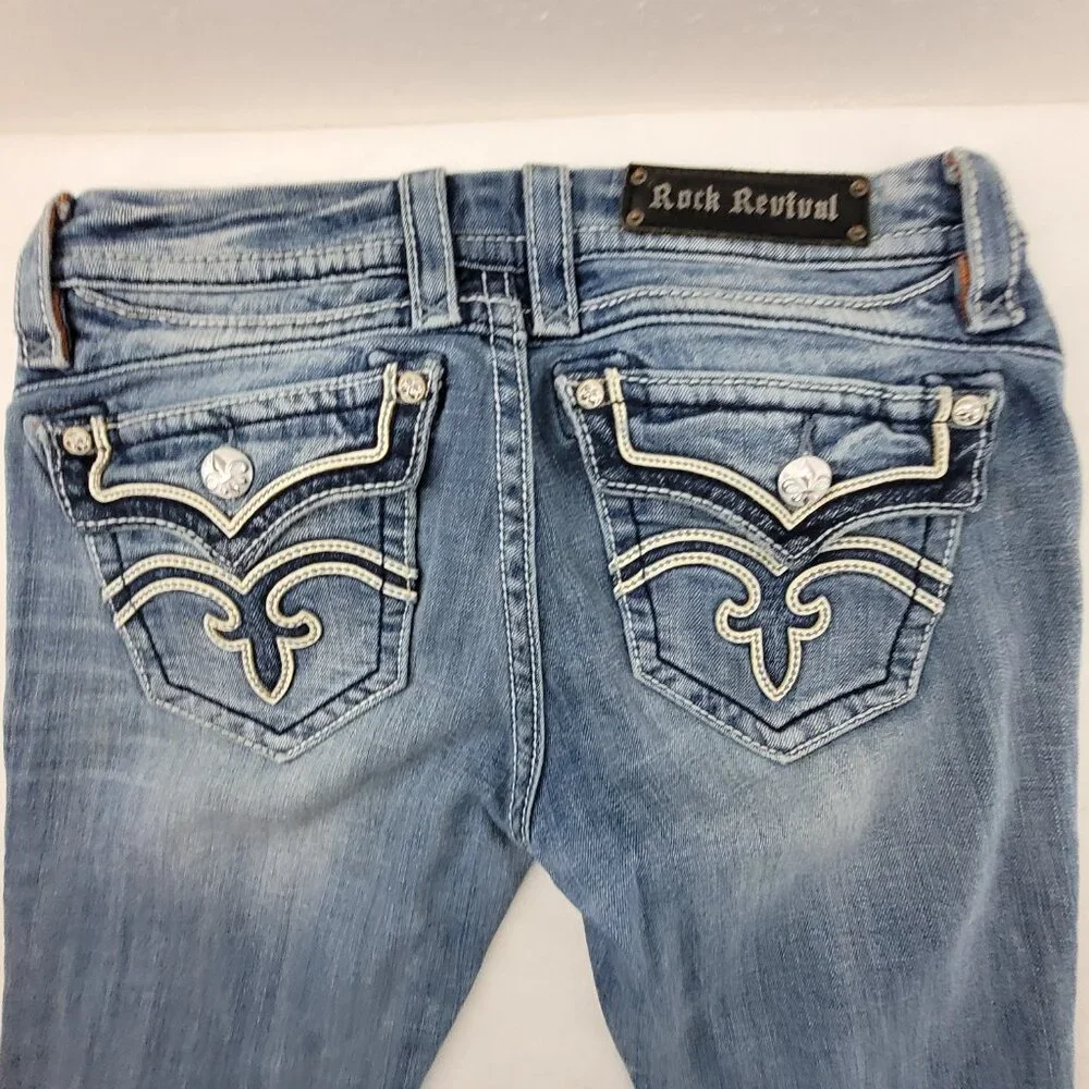 Rock Revival Jeans Women's 29 Blue Anja Boot 30x34.25" Stretch Worn Hems - Picture 13 of 16